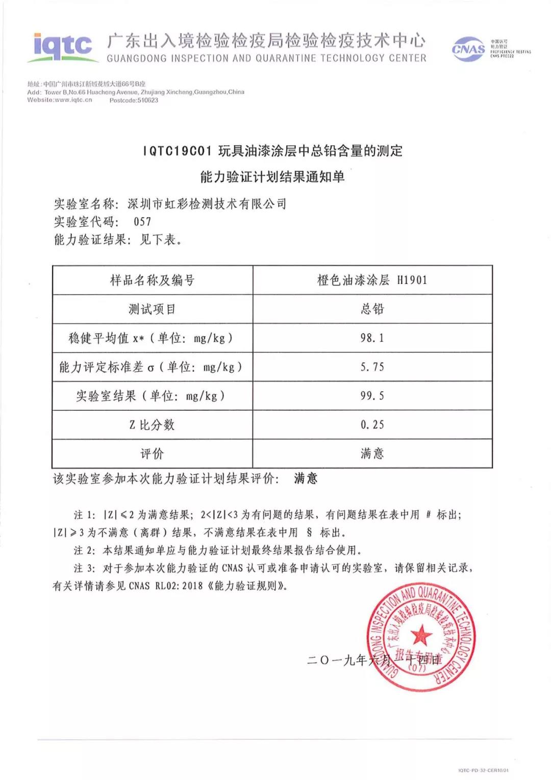 庆祝我司参加玩具油漆涂层中总铅含量的测定的能力验证取得满意结果(图1)